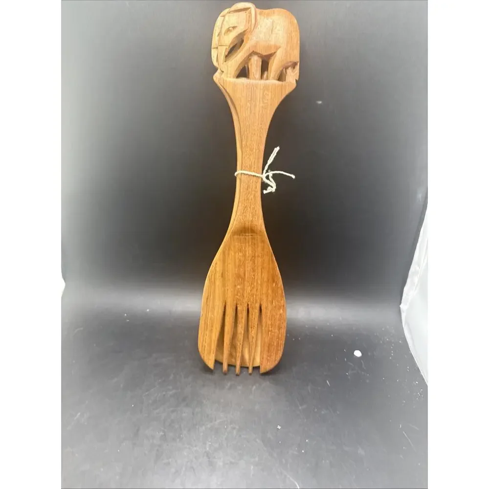 Vintage Hand Carved Wooden Elephant Salad Serving Spoon Fork Set Wood